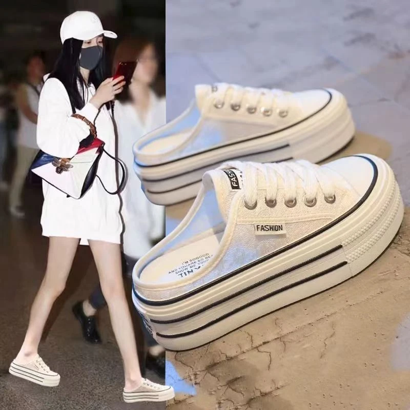 夏季网布厚底拖鞋女2025新款松糕底透气百搭包头拖鞋韩版系带半拖