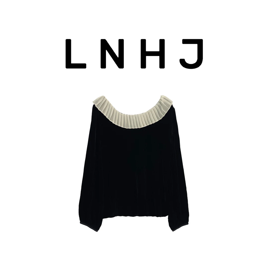 【LNHJ】暮色 时尚简约真丝丝绒风琴领长袖上衣