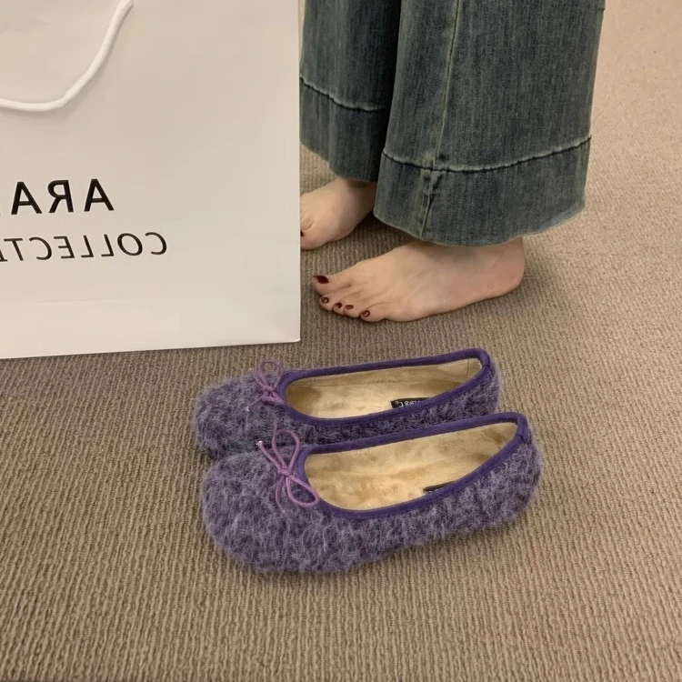 啄木鸟温柔可爱加绒单鞋女法式百搭平底毛毛鞋晚晚仙女风玛丽珍鞋