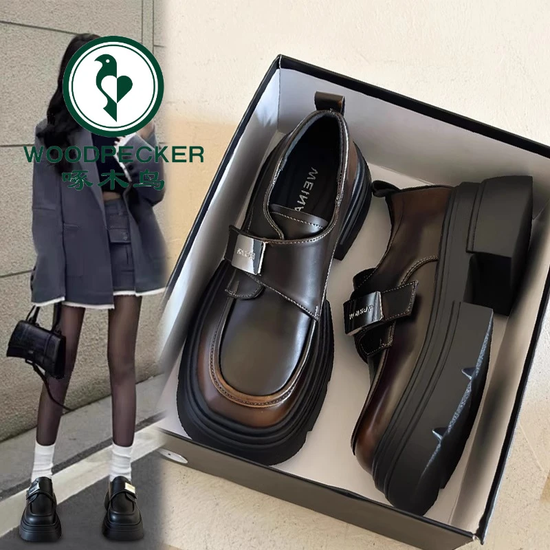 啄木鸟品牌小皮鞋女新款2024春季厚底女款英伦风鞋子百搭乐福鞋