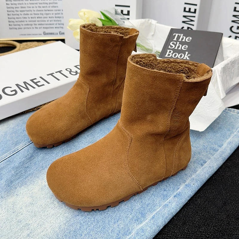 啄木鸟大头短靴女平底加绒复古女靴子2024冬季新款磨砂加厚雪地靴