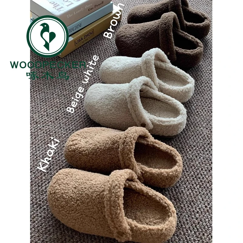 啄木鸟百搭半拖鞋女秋冬新款加绒两穿毛毛鞋软底休闲勃肯鞋包头拖