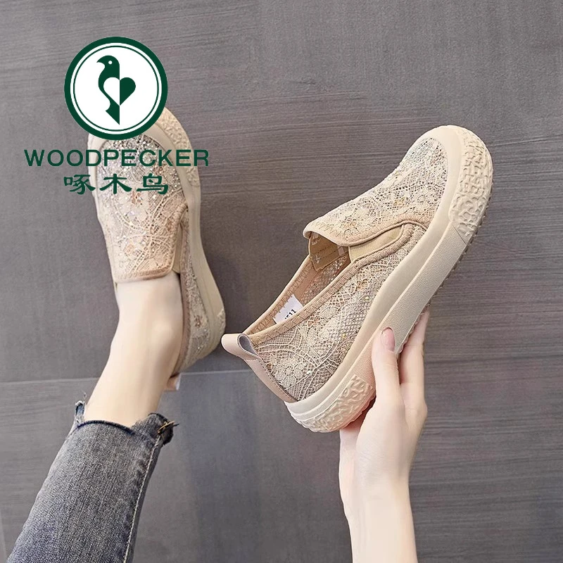 啄木鸟平底渔夫鞋女2024新款蕾丝网面单鞋透气厚底一脚蹬百搭鞋子