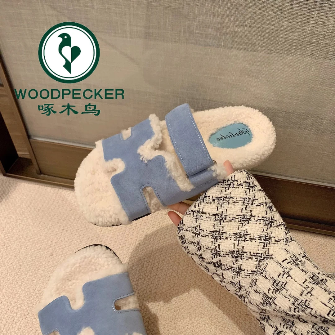 啄木鸟平底毛毛鞋女新款居家毛拖拼色外穿魔术贴拖鞋一脚蹬懒人鞋