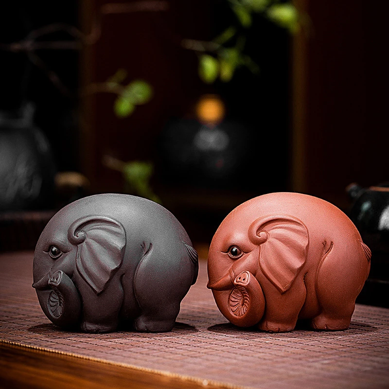 茶宠摆件原矿紫砂全手工功夫茶具配件茶玩大象吉祥如意创意摆设