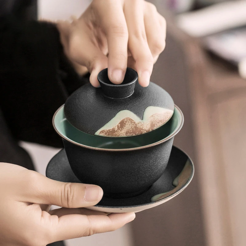 远山三才盖碗手绘釉画彩粗陶中式大号喝茶碗黑陶功夫茶具泡茶器