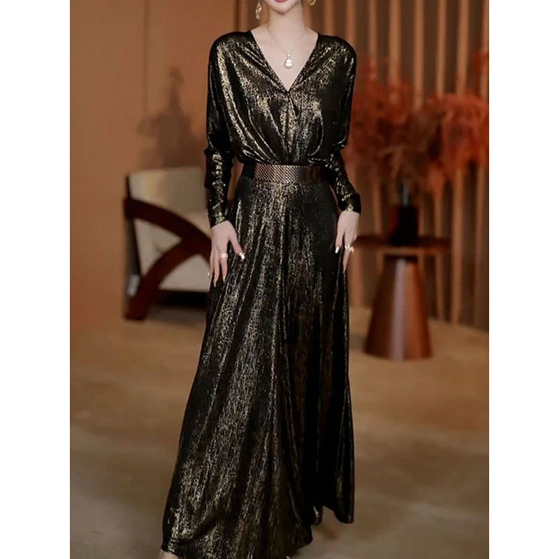 送腰带!轻奢女神范V领显瘦A字裙女2025秋季新款气质优雅收腰长裙