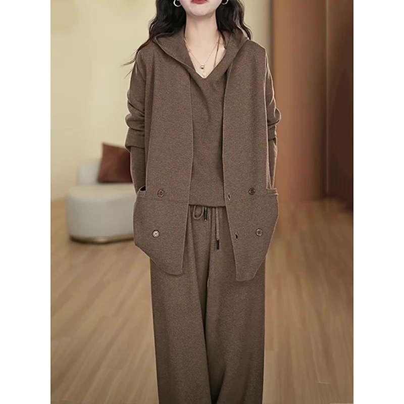气质优雅纯色毛衣三件套2025秋冬新款宽松显瘦针织西装+休闲套装