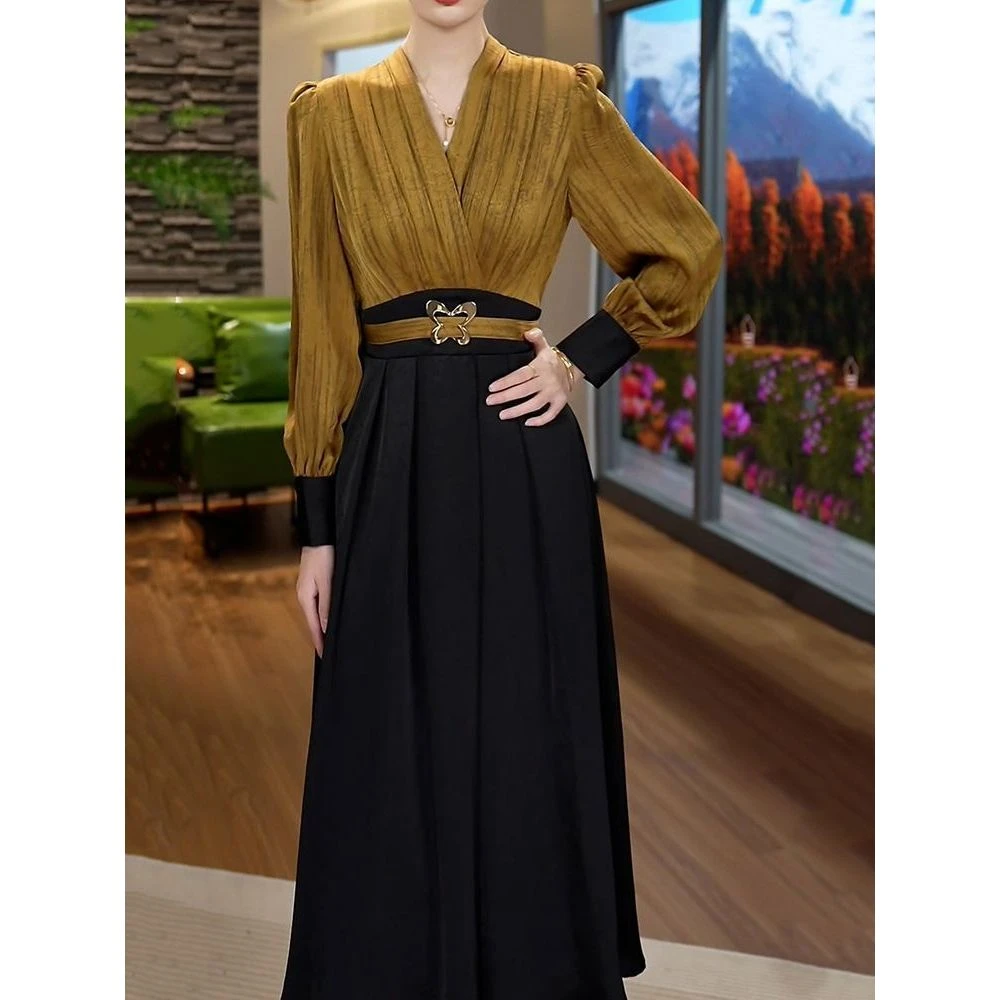 轻奢女神范拼接假两件高档A字裙2026春季新款气质优雅收腰连衣裙