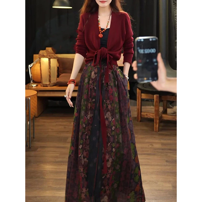 高档文艺风裙套装女2025秋冬新款百搭系带针织衫+高腰复古半身裙