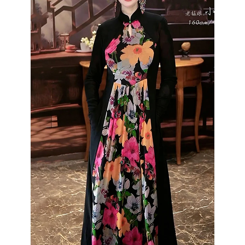 高档时尚复古印花长袖连衣裙2025秋冬新款妈妈装气质遮肉显瘦长裙