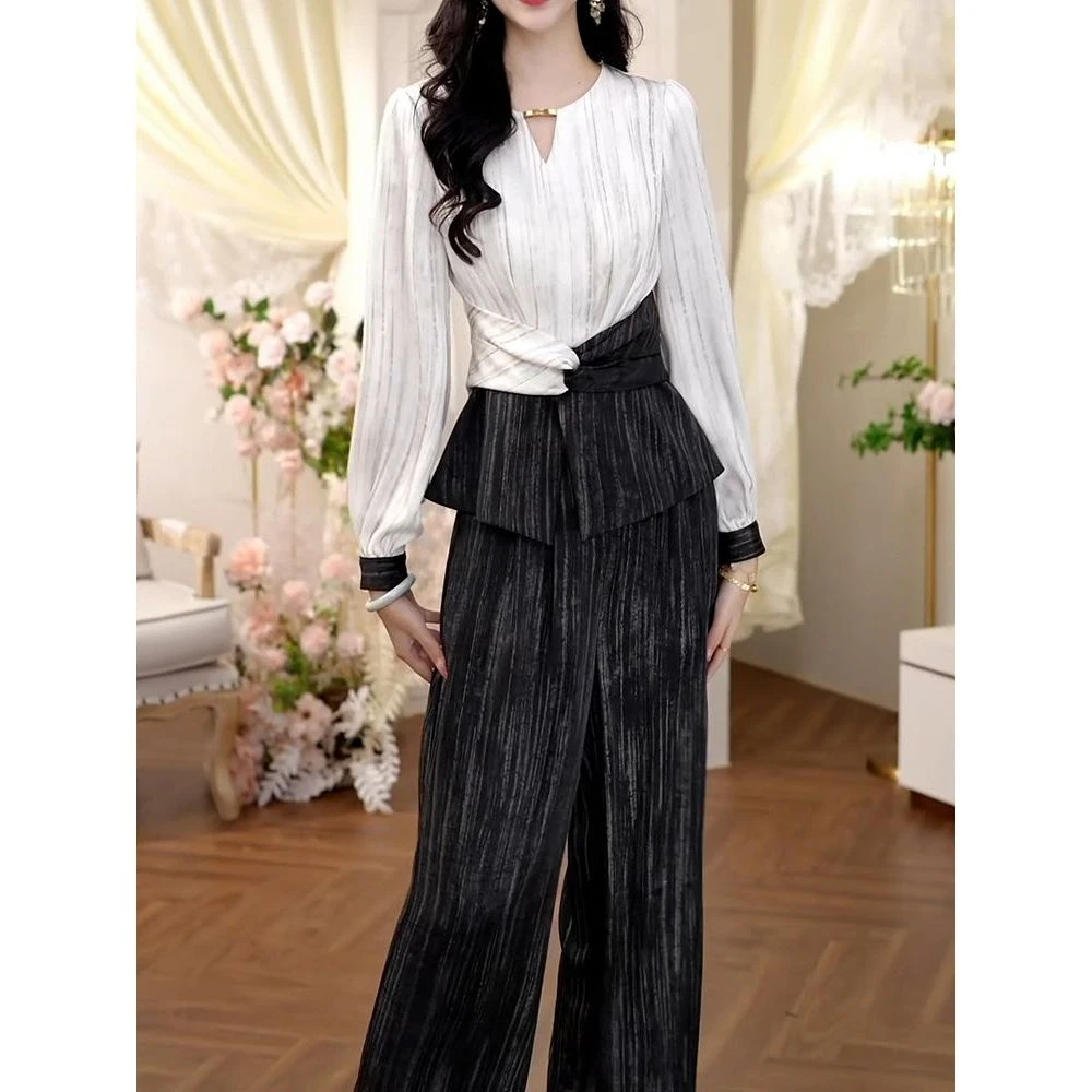 时尚轻奢高档裤套装女2025秋季新款洋气拼接假两件显瘦上衣+裤子