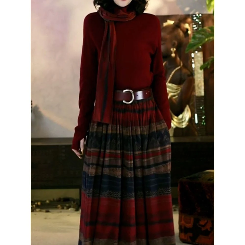 送围巾腰带!洋气裙套装女2025秋季新款简约百搭纯色针织衫+半身裙