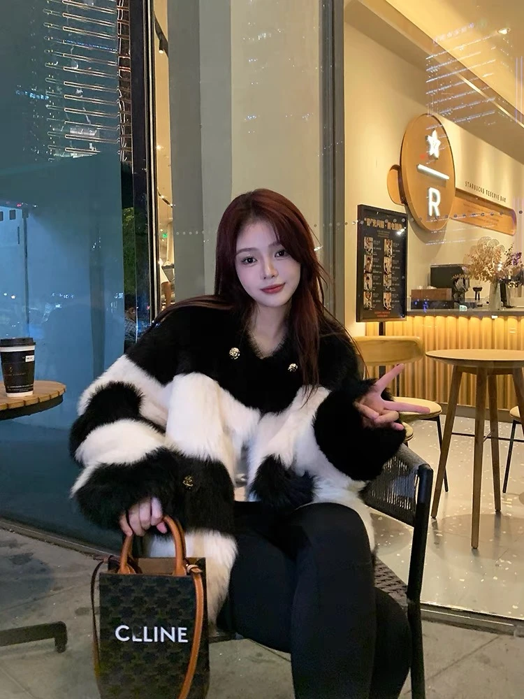 条纹撞色轻奢环保毛外套托斯卡纳秋冬短款