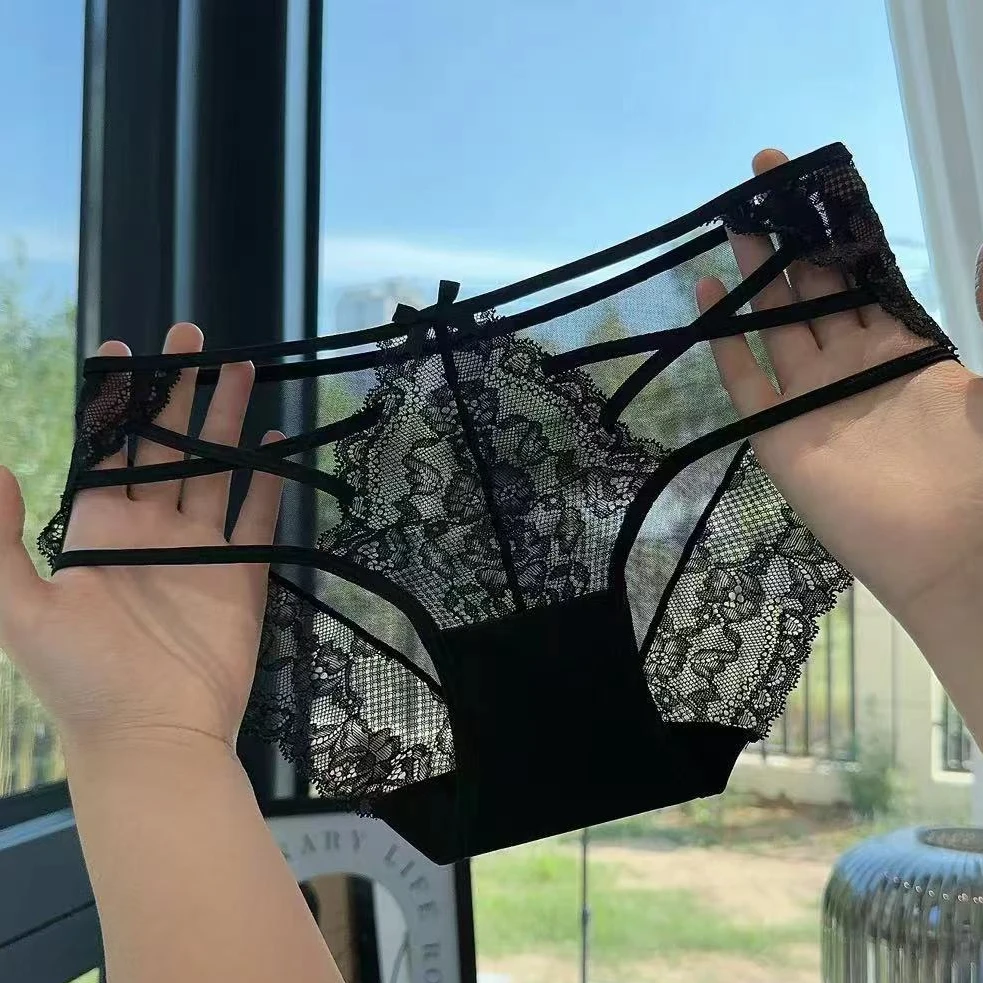Mimi Angel黑色时尚无痕女士法式内裤性舒适蕾丝三角裤镂空