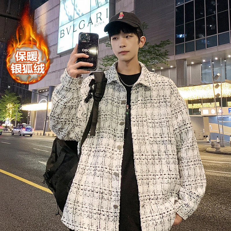小香风外套男高级感春秋轻奢潮牌格子加绒呢褂子小众情侣装夹克男