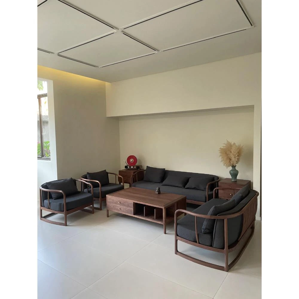 新中式北美黑胡桃木沙发禅意实木布艺123组合客厅简约办公室家具