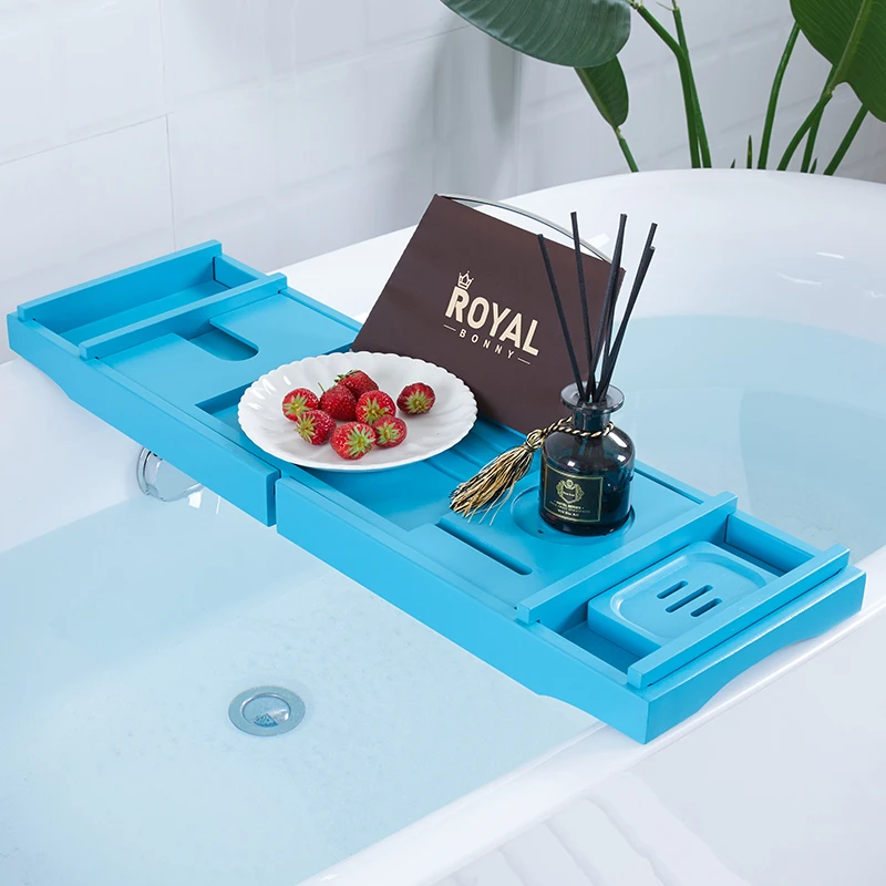 浴缸架蓝色竹伸缩泡澡架防滑浴缸置物板轻奢浴缸支架板浴缸置物架