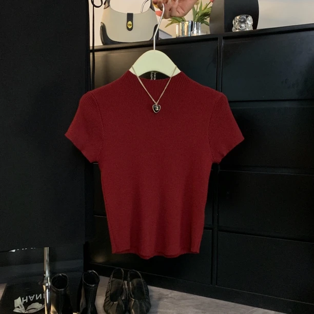 INMMIN03羊毛混纺针织气质百搭简约修身立领针织短袖上衣