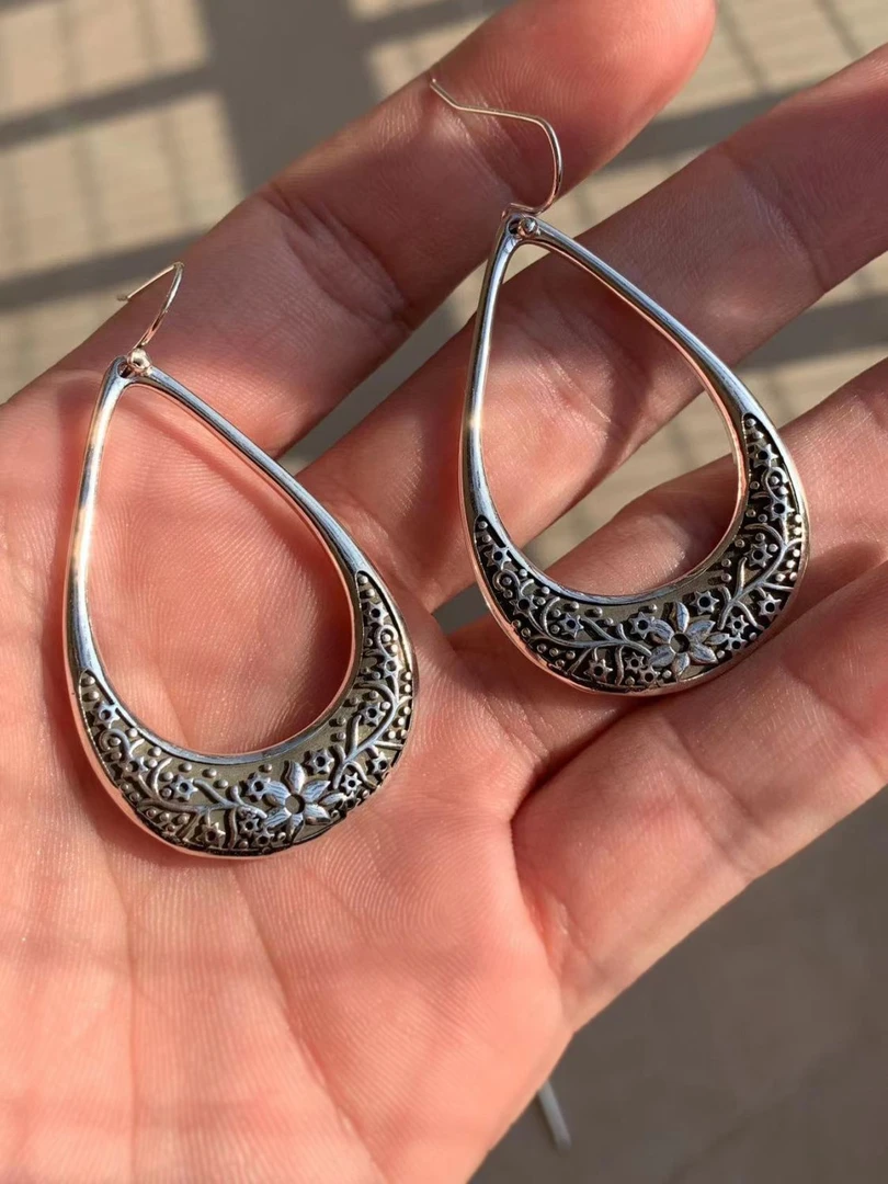 铜合金耳饰 花纹图腾浮雕大款耳环大圈民族风水滴状复古做旧百搭