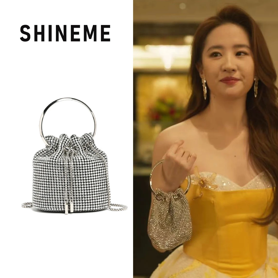 玫瑰的故事同款包包2024新款时尚链条镶钻晚宴单肩斜跨满钻水桶包