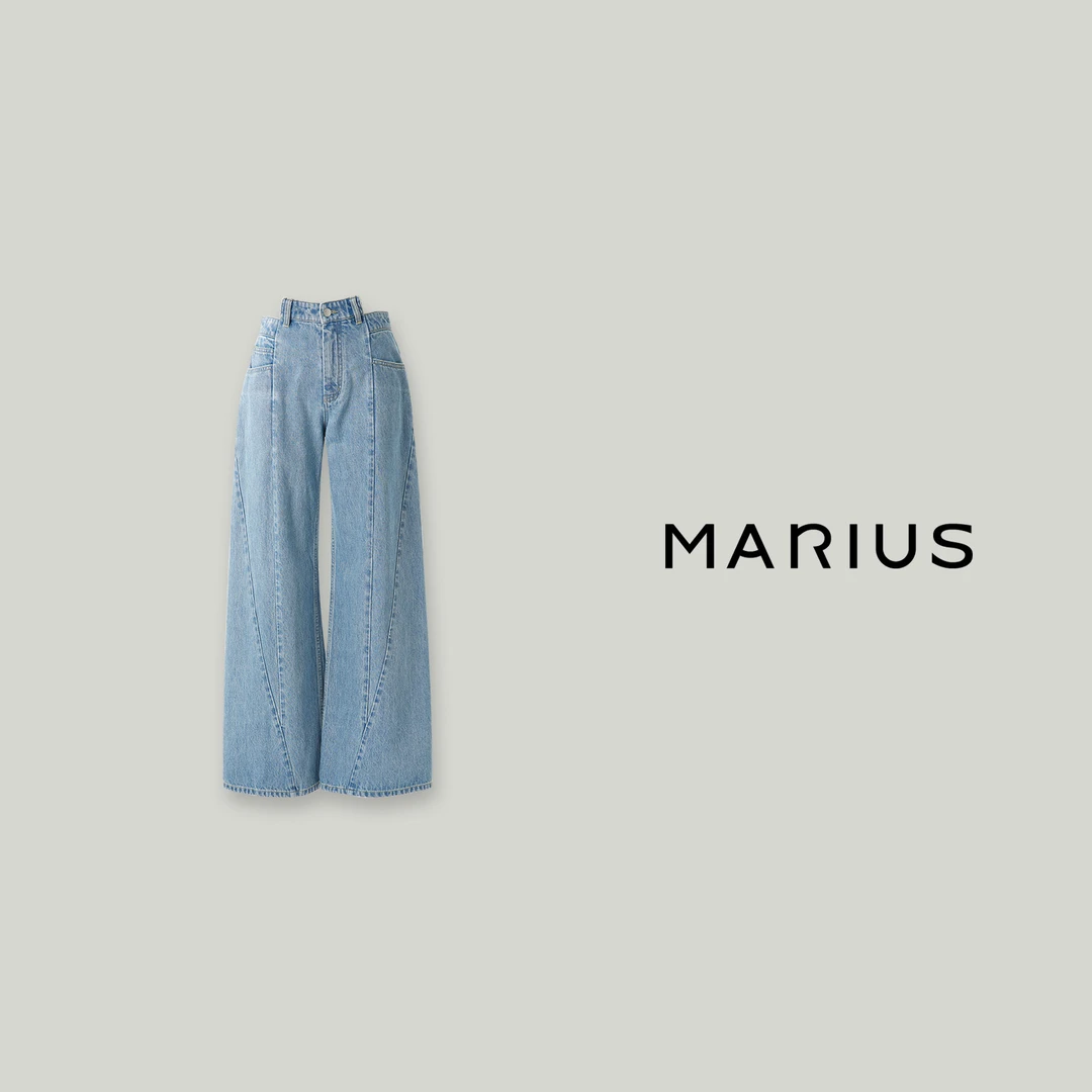 MARIUS意大利时尚自然磨白宽松休闲交叉分割线直筒高腰牛仔裤