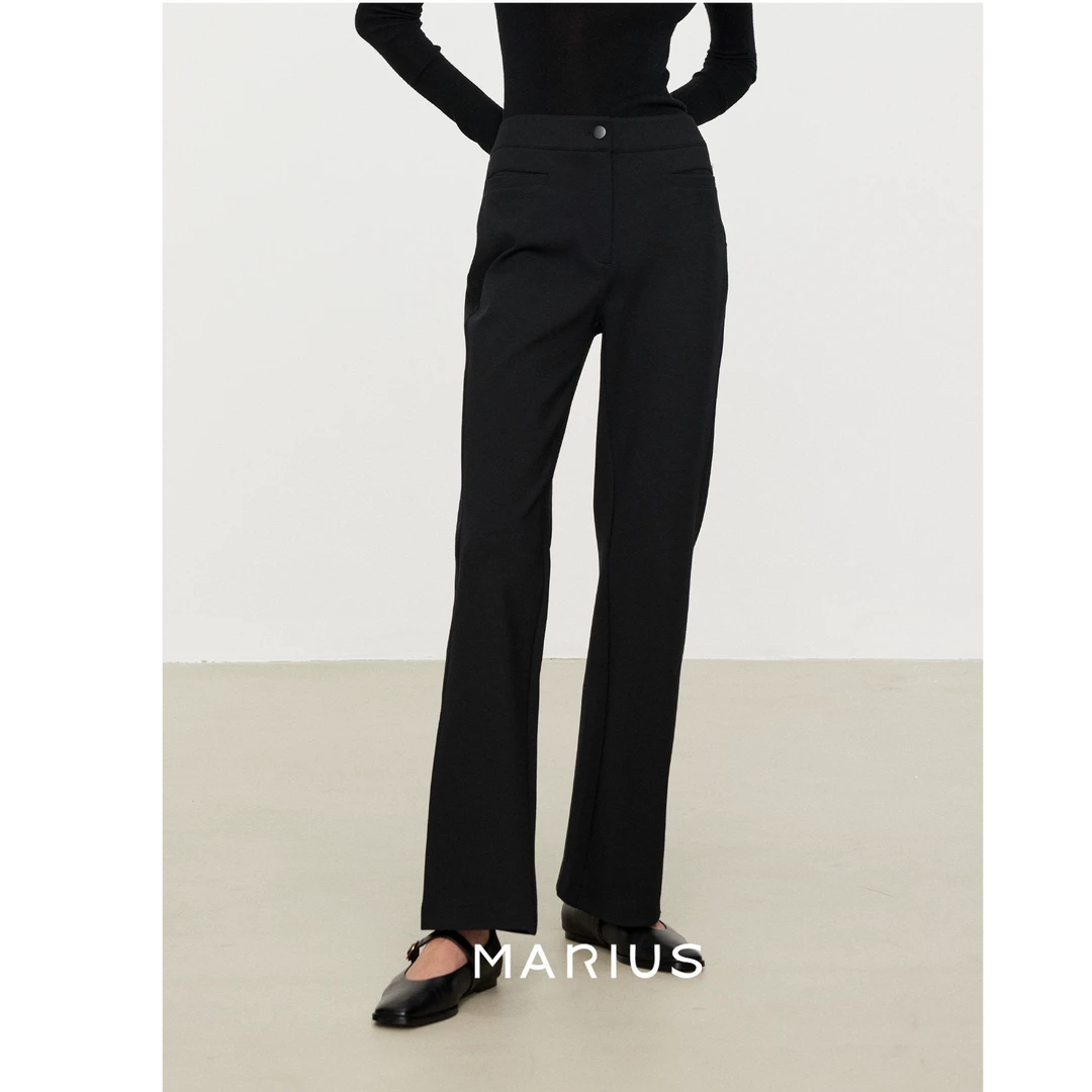 MARIUS“米兰超模裤”双插袋一粒扣气质休闲百搭女士针织高腰直筒裤