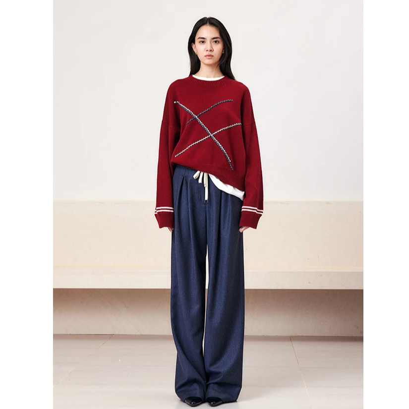 MARIUSMARIUS“书呆子”学院风美利奴撞色圆领宽松休闲套头衫上衣