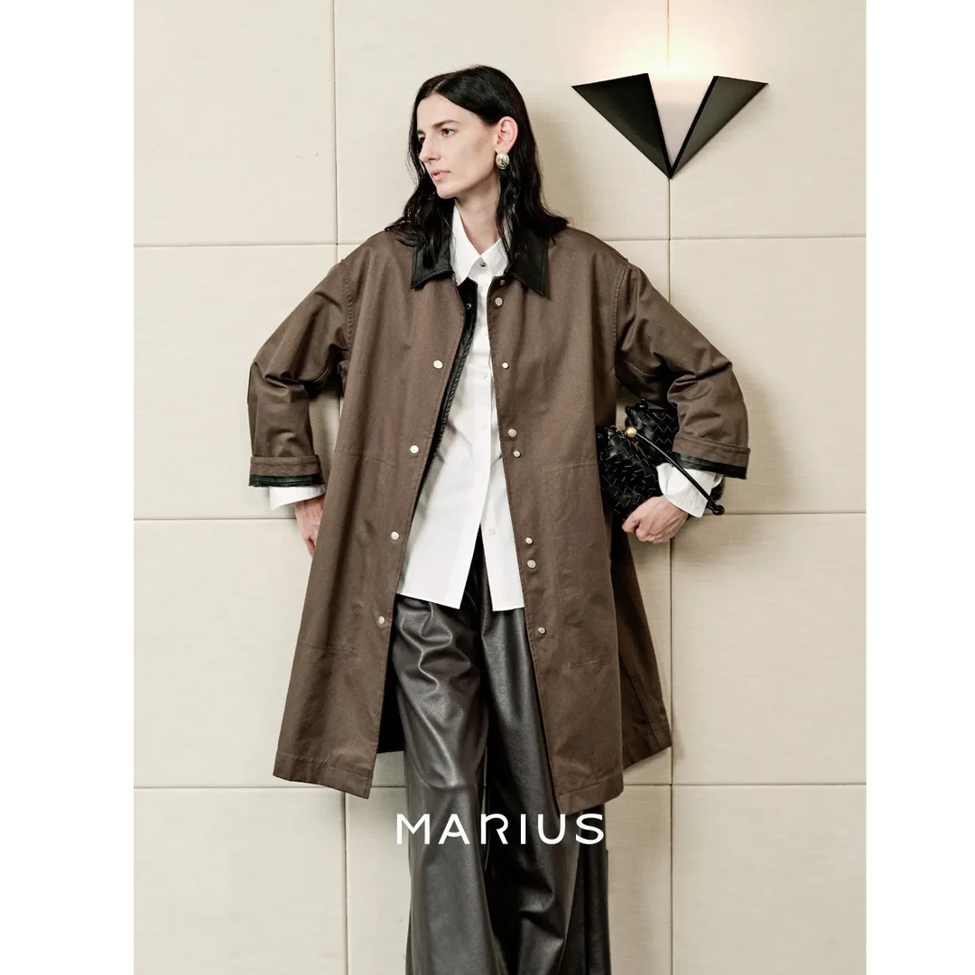 MARIUS“飞行员”意式中古拼接领撞色斜纹中长款风衣