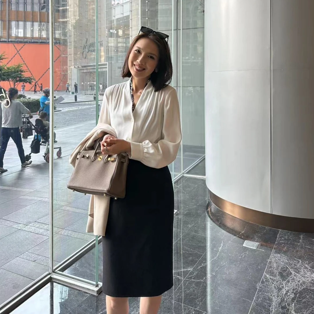 【专属】天鹅湖V领抽褶醋酸显瘦衬衫气质百搭轻奢设计师小众