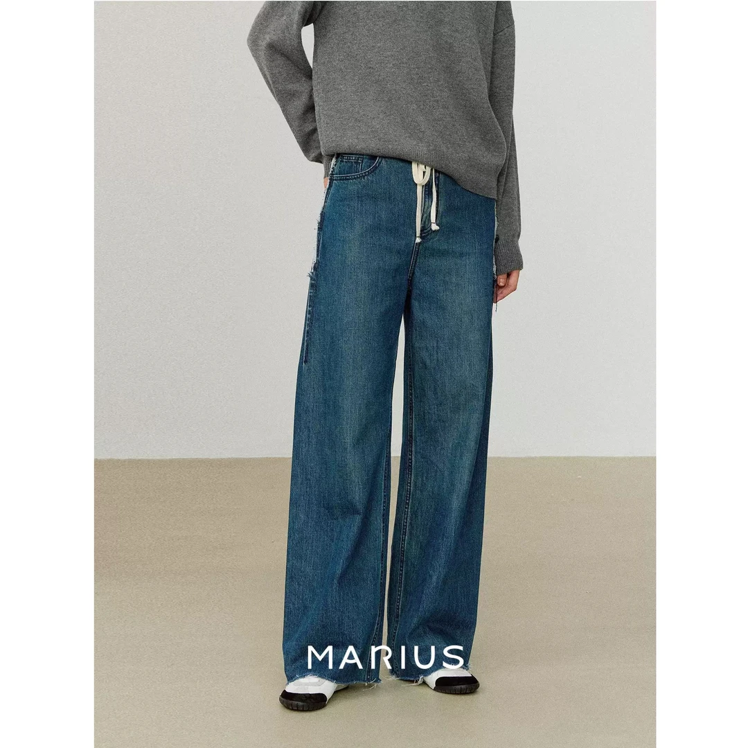 MARIUS经典美式复古MIU系抽绳毛边水洗直筒荃棉牛仔裤休闲长裤