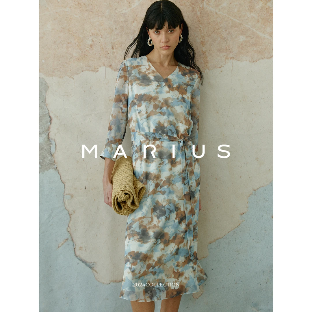 MARIUS“多瑙河”印花连衣裙法式真丝乔其纱衬衫半身裙夏季显瘦碎花