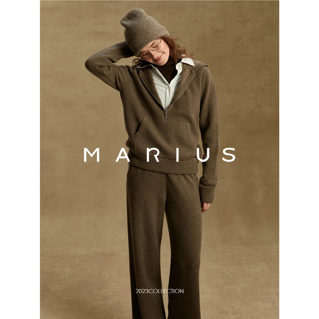 MARIUS慵懒减龄治愈绵羊毛针织半开襟连帽卫衣套衫长裤