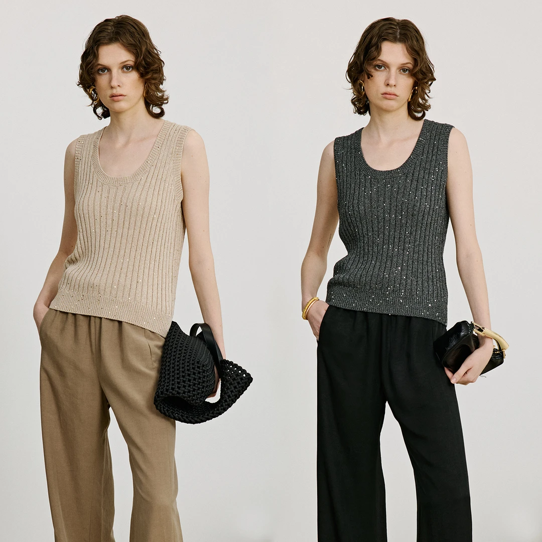 MARIUS和纸棉纱珠片SLIM感U领微露肤设计氧气感短袖背心