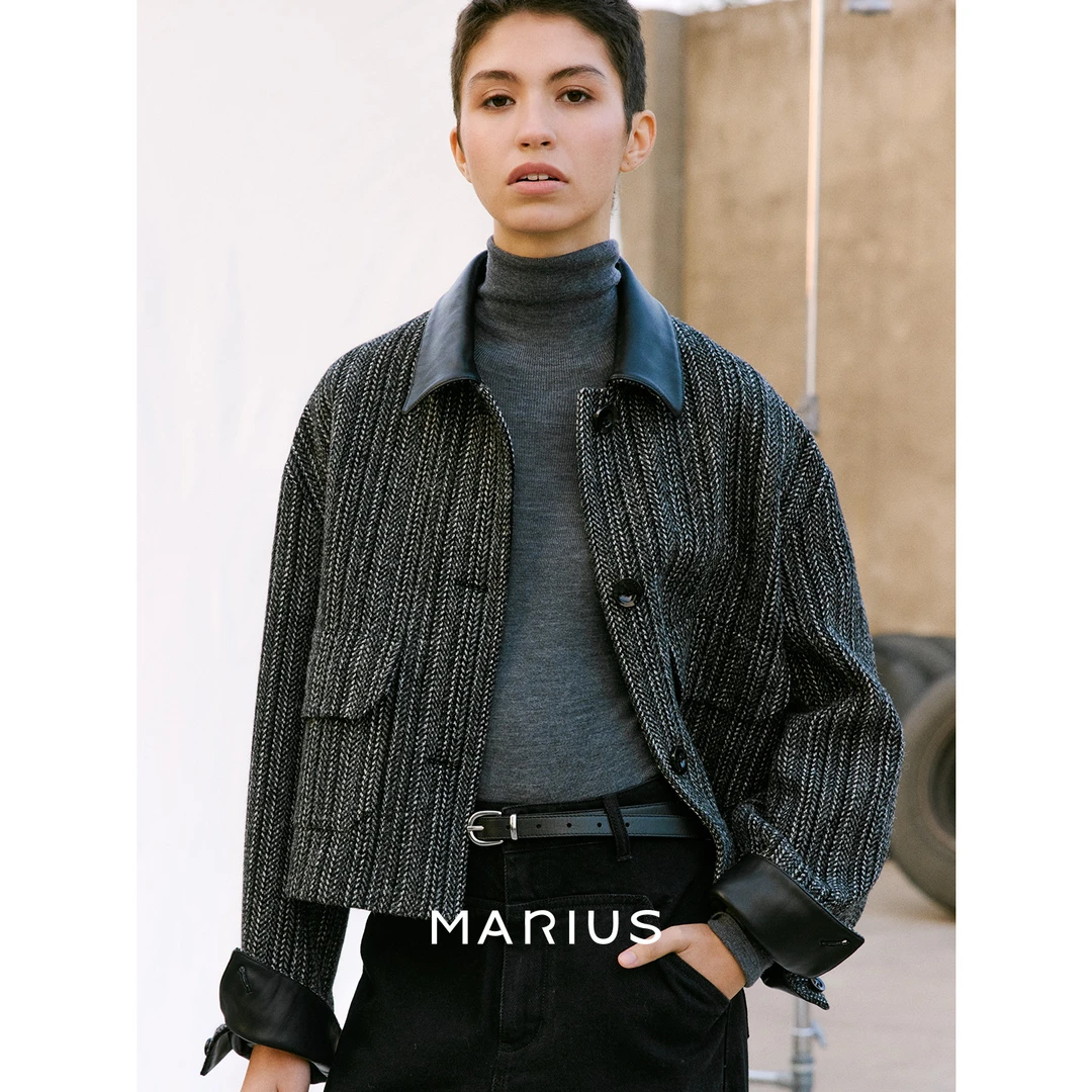 MARIUSMARIUS“麻花辫”经典黑白灰人字纹粗花呢拼皮外套