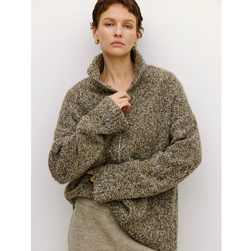 MARIUS经典宽松直身版型复古混色花纱3针工艺拉链翻领套头针织衫