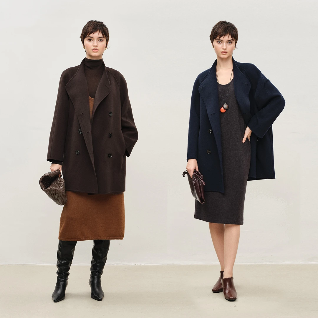 MARIUS匠人坊系列“鱼子酱大衣”双排扣双面呢A摆大衣外套