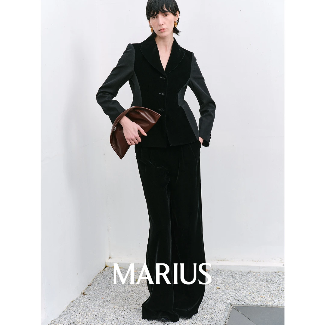 MARIUSMARIUS丝滑套装秋季复古黑色轻奢西裤休闲裤子长袖女装时尚