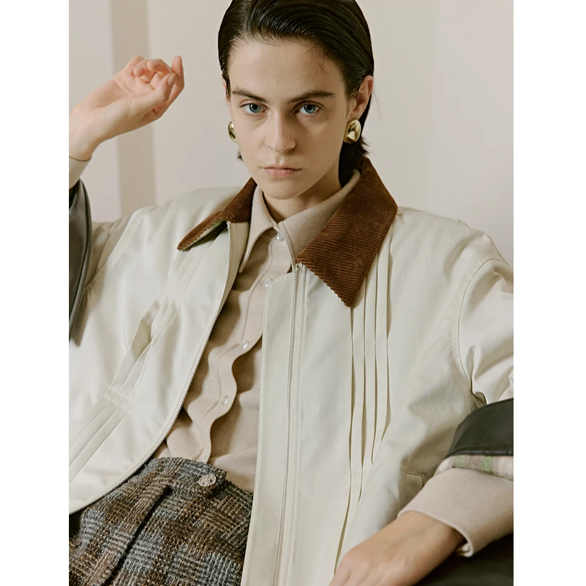 MARIUS“奥利奥”撞色拼接领风琴褶驼绒宽松休闲夹克棉服外套秋