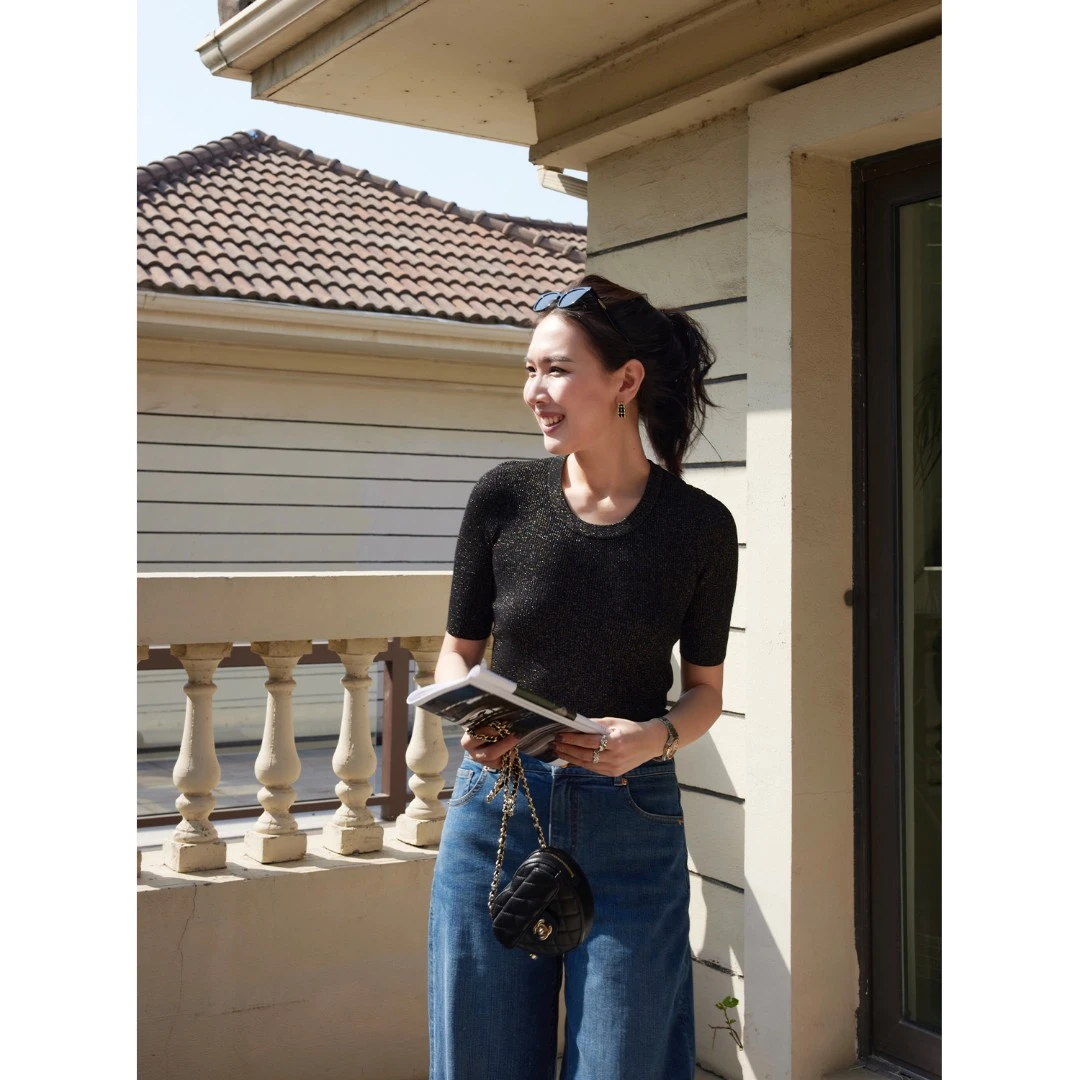 MARIUS【金银丝】流光溢彩针织短袖短款上衣简约春夏百搭小众圆领