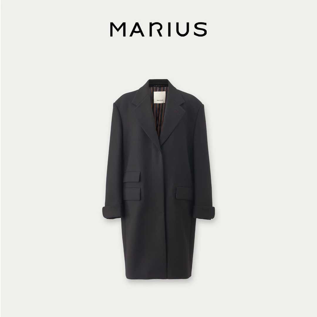MARIUS时尚美利奴绵羊毛简约柔软撞色边牛角扣角安特卫普西装大衣
