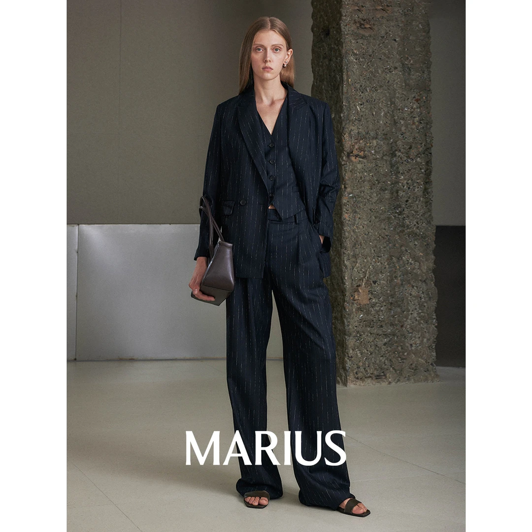 MARIUS“比弗利2.0”轻奢NIKKE羊毛大女主条纹西装马甲长裤套装