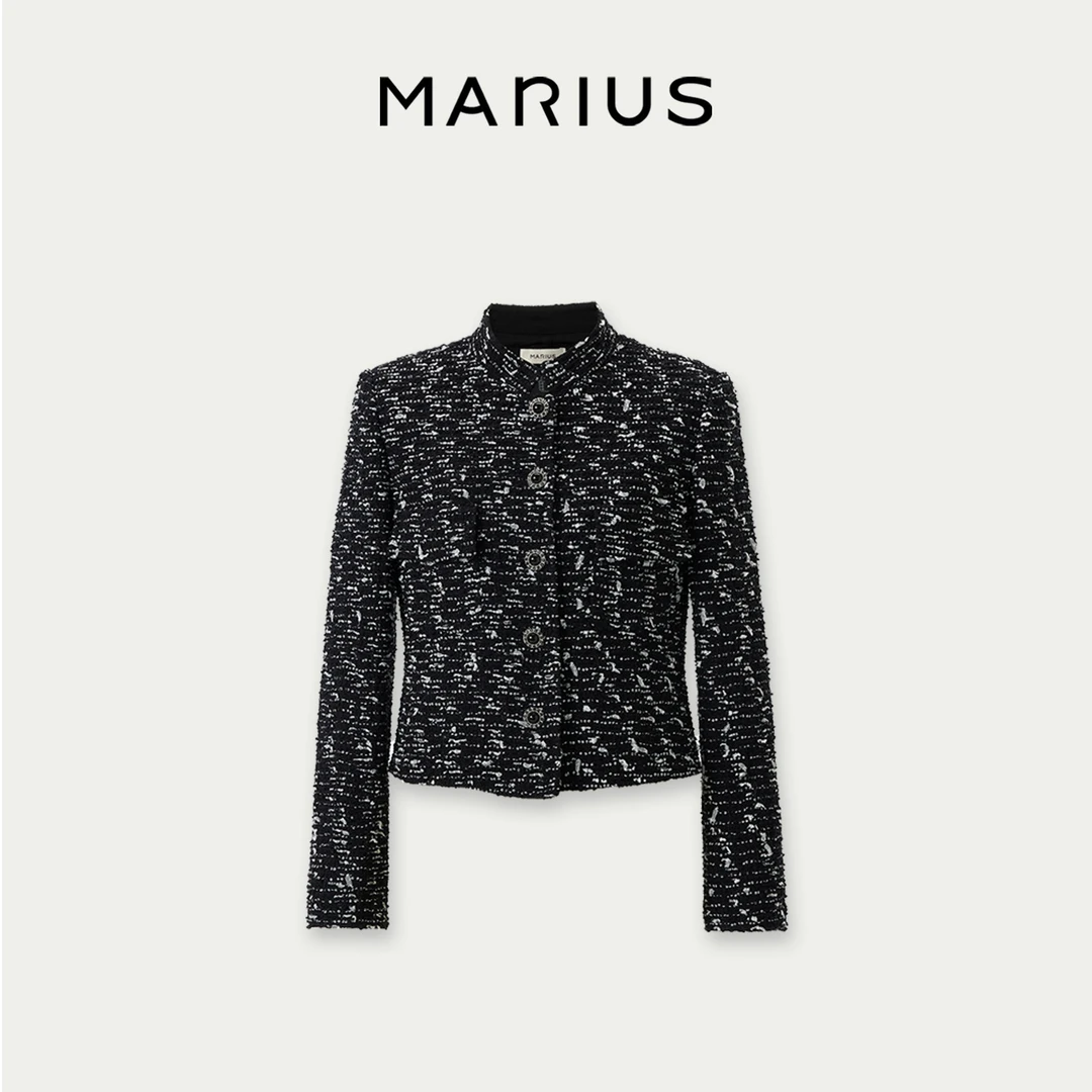 MARIUS时尚短款双贴袋秀场款立体裁剪版型黑白纱小香外套