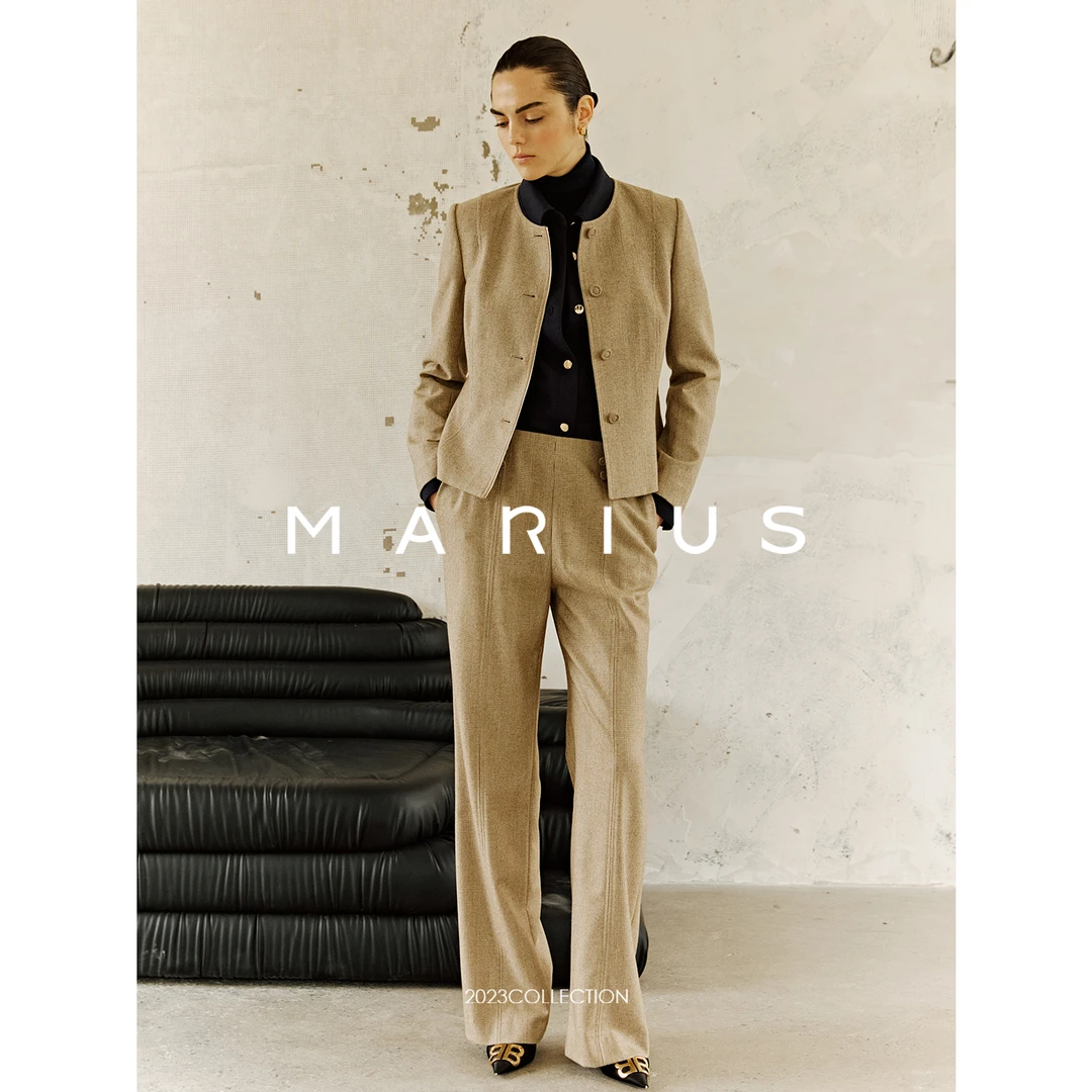 MARIUS黑标“女绅士”CHAO细支羊毛圆领收腰格纹女外套/半裙/直筒裤