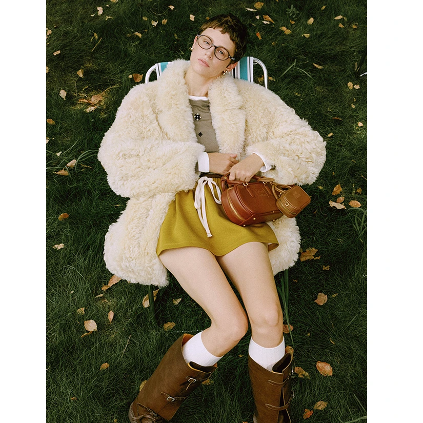 MARIUS“毛毛桃”意大利小羊皮毛一体阔型中长款直身大衣外套