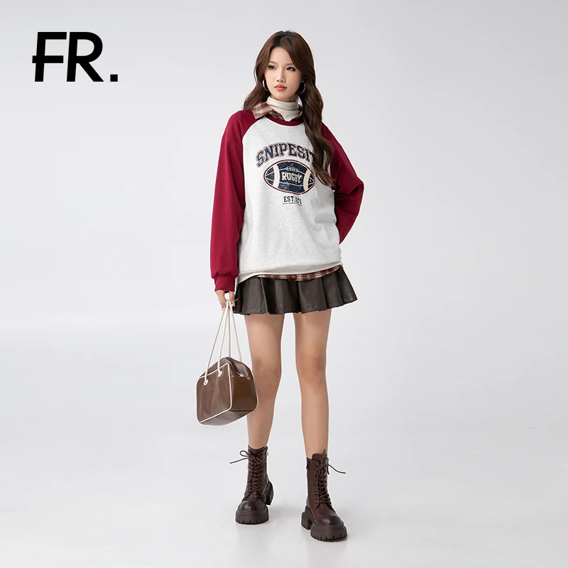 凡人优品圆领卫衣女早秋新款美式复古风撞色插肩上衣W070