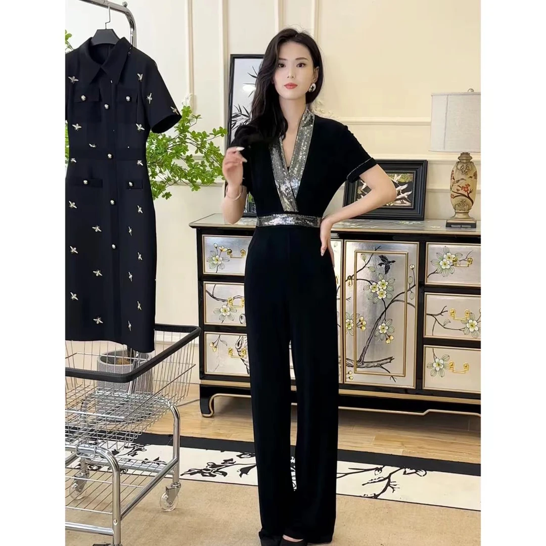 清 时尚轻奢连体裤女春夏新款高级收腰显瘦百搭直筒连体裤