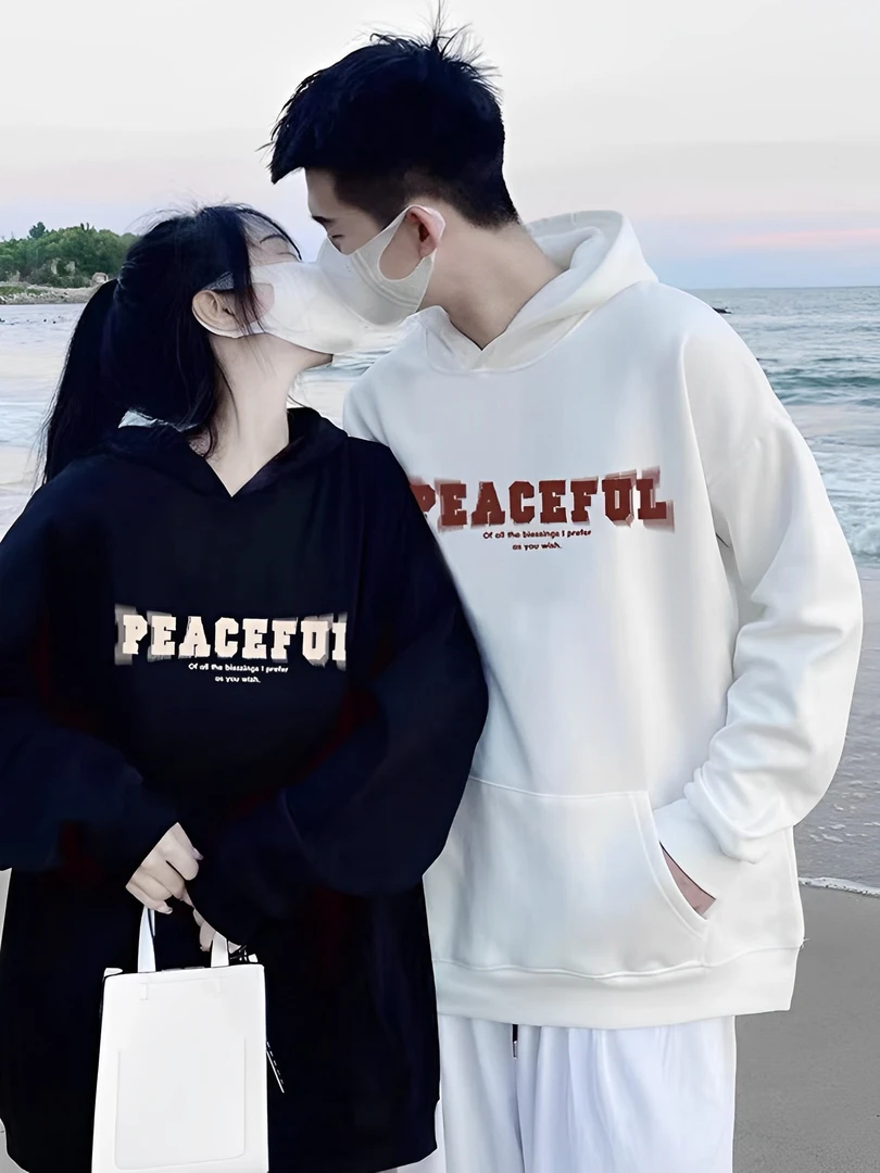 连帽大码情侣百搭印花卫衣秋冬加绒加厚一男一女高级感300斤外套