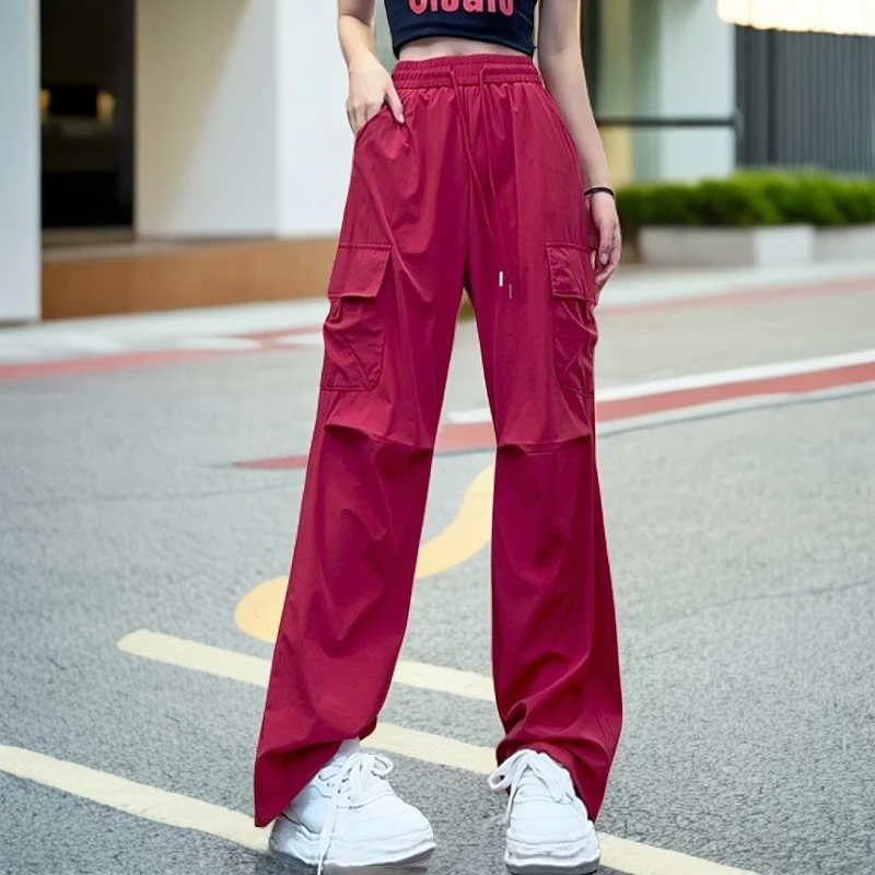 军绿色美式工装裤女夏季薄款2024新款高腰阔腿宽松休闲速干运动裤