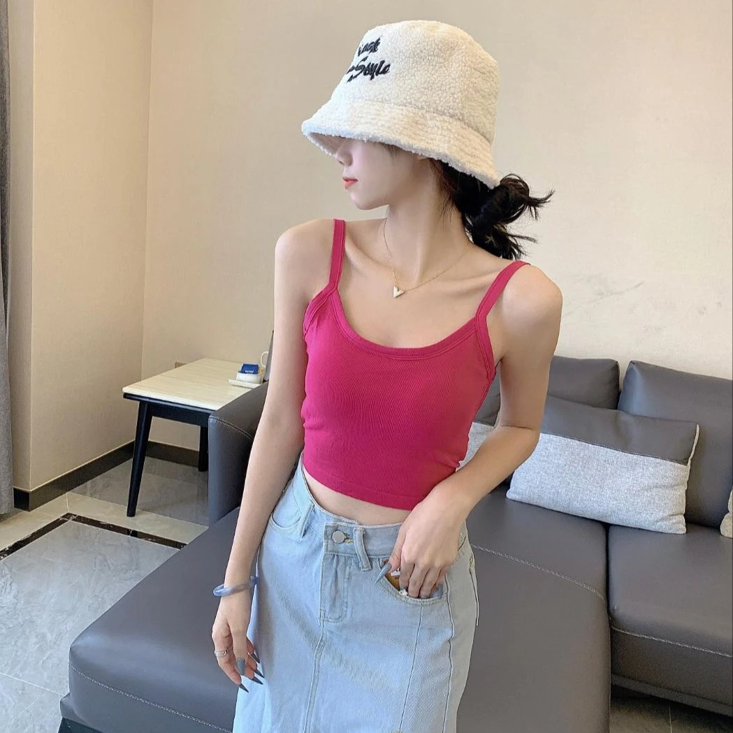 纯欲风辣妹美背吊带露背性感夏季外搭带胸垫打底交叉背心女短款